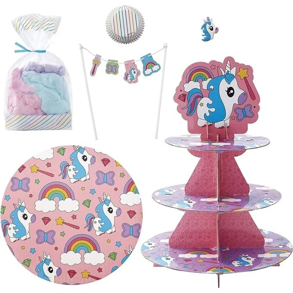 Wilton Unicorn Party Dessert KIT - Treat Stand, Cake Board,Treat Bags, Baking Cu